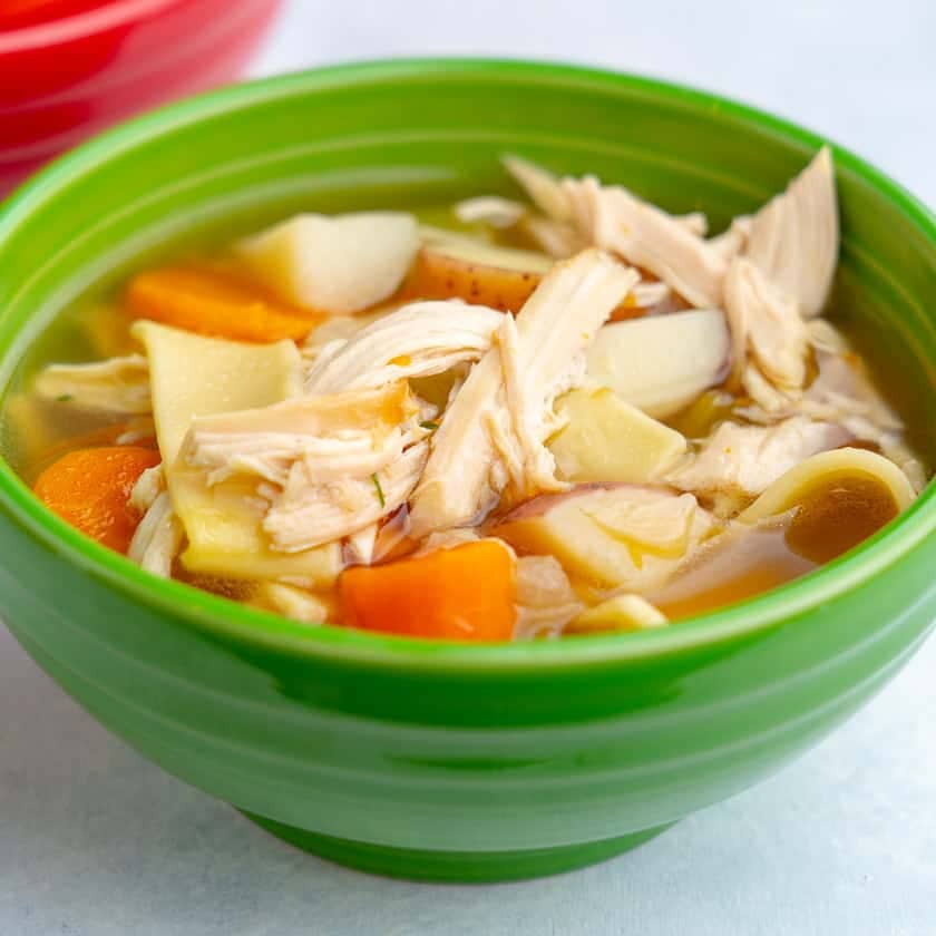 A bowl of chicken noodle soup
