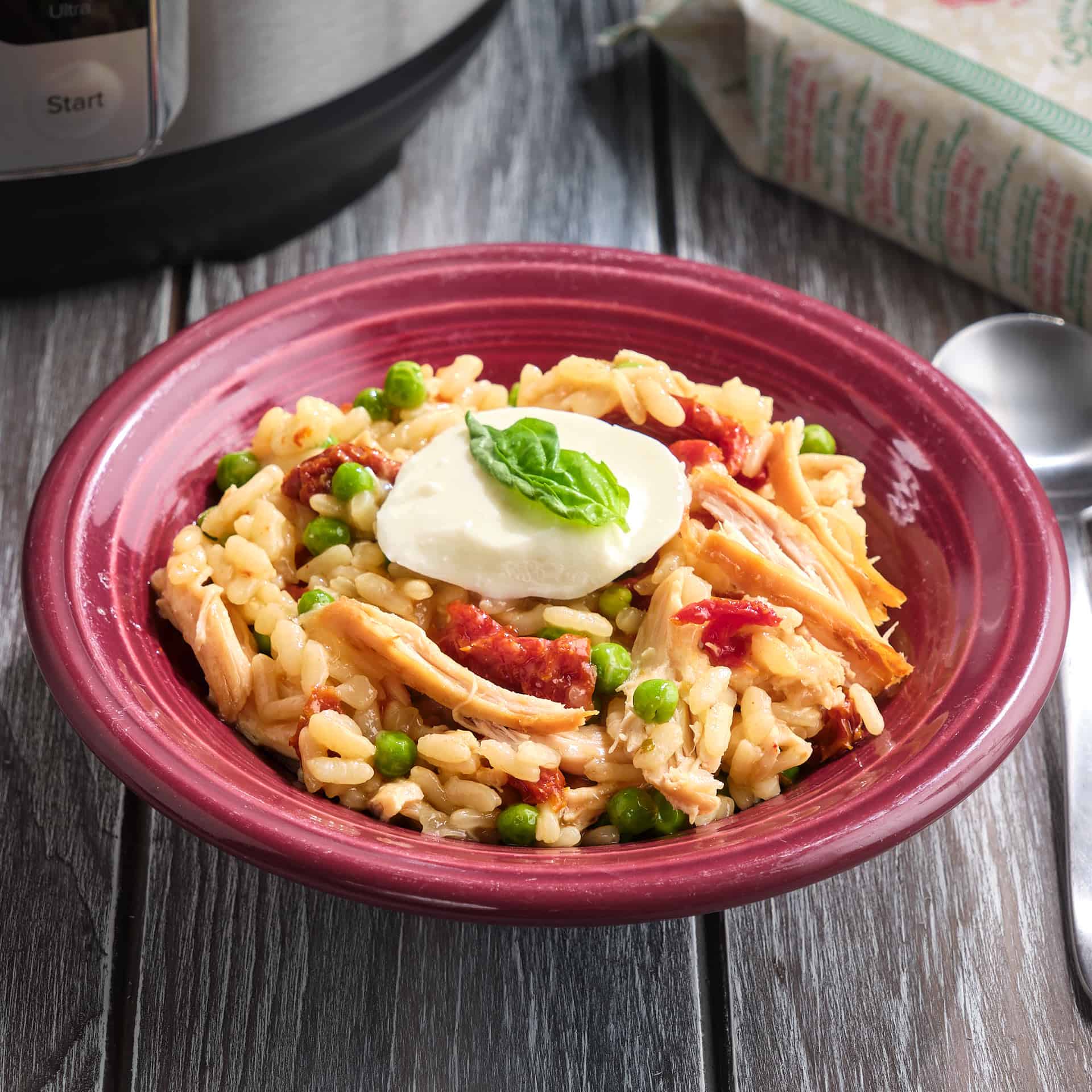 A bowl of rotisserie chicken risotto