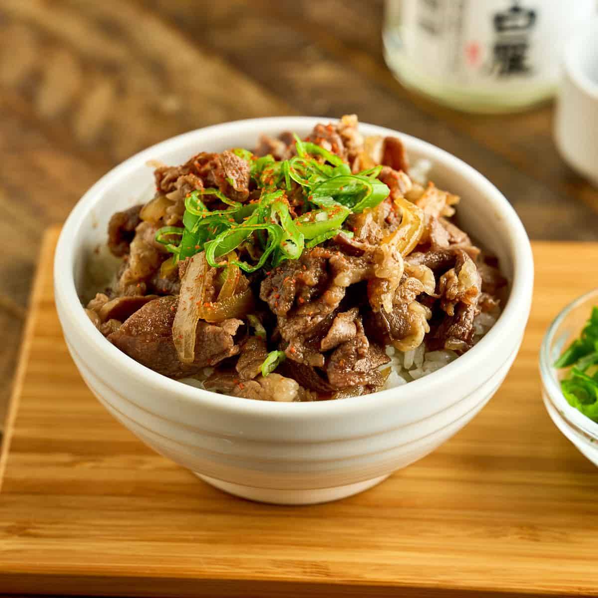 A bowl of gyudon and rice