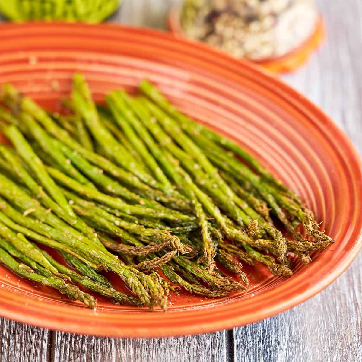 Roasted asparagus on a platter