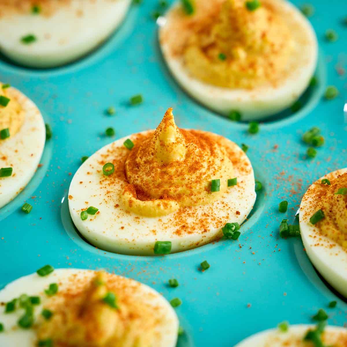 A platter of aioli deviled eggs
