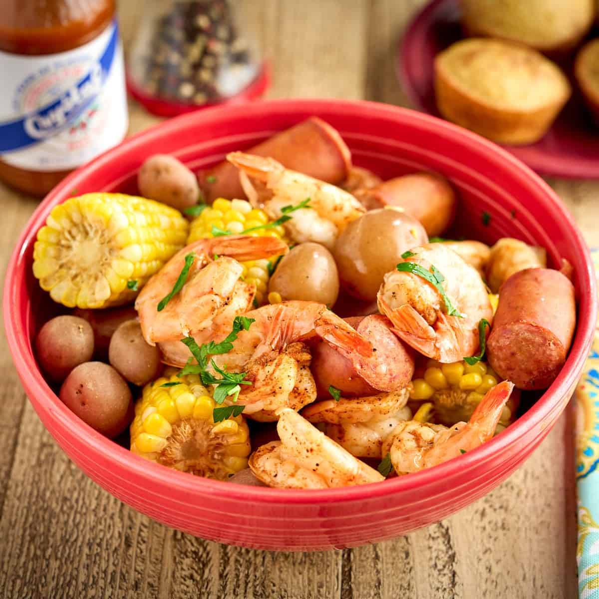 A bowl of cajun shrimp boil