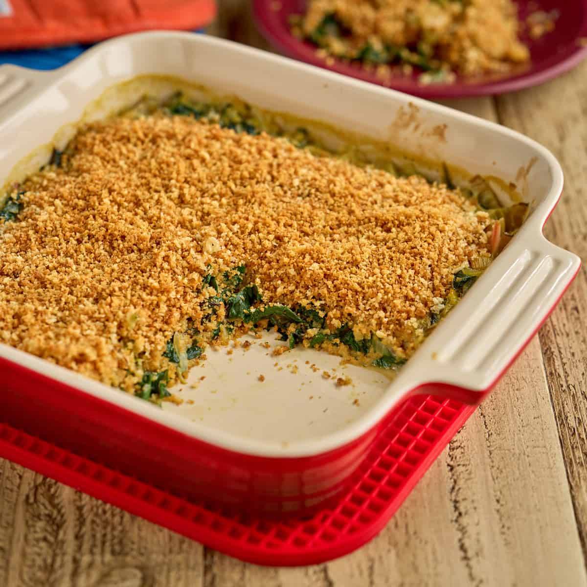 A baking dish of swiss chard gratin