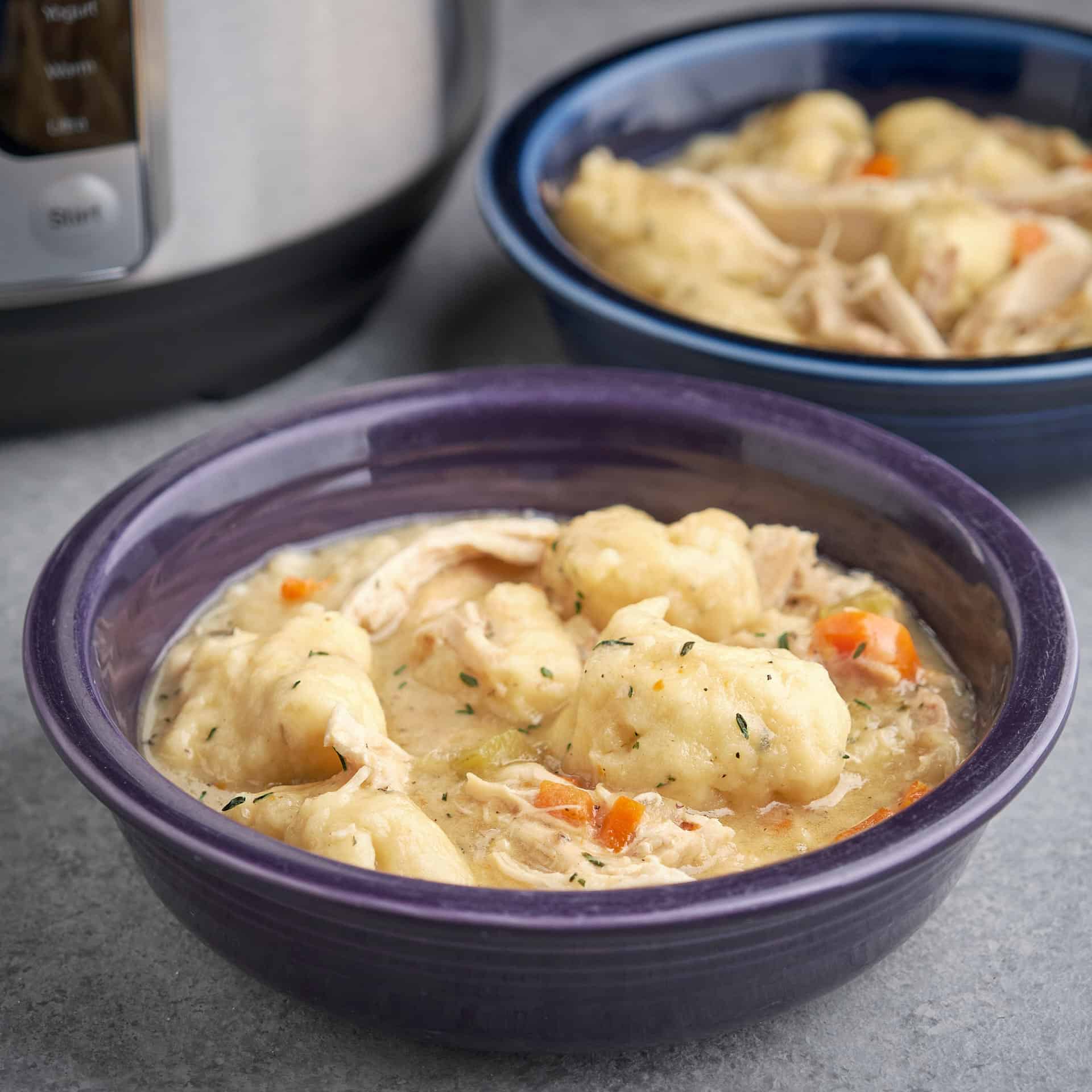 A bowl of chicken and dumpling soup