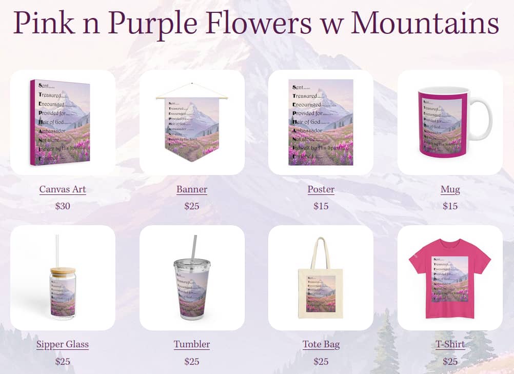 Products with Pink n Purple Flowers w Mountains design (canvas art, banner, poster, mug, sipper glass, tumbler, tote bag, t-shirt)