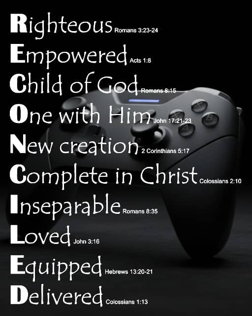 RECONCILED word art with game controller in background