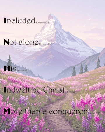 IN HIM on  Pink n Purple Flowers w Mountains background