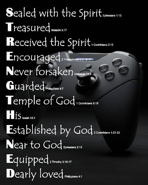 STRENGTHENED word art with a game controller in the background