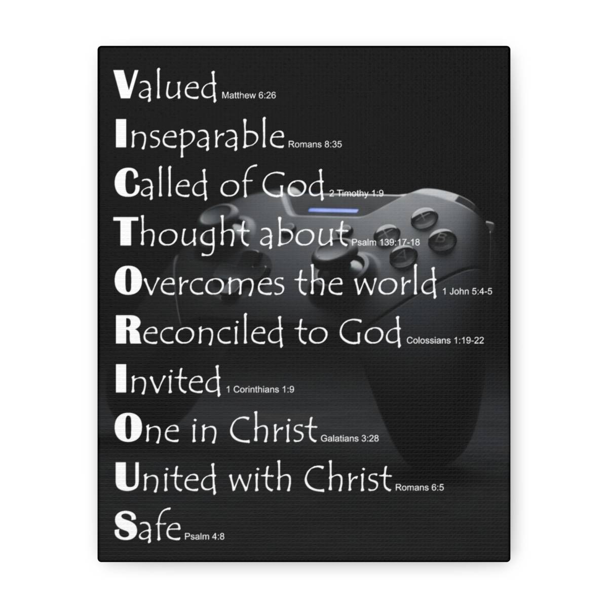 VICTORIOUS Scripture word art with a dimly-lit gaming controller in the background