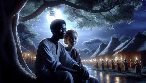 Storytime under the moonlit baobab tree as in african folklore as well as alien-like creatures in the background showing a nice mix of african tales and space adventure