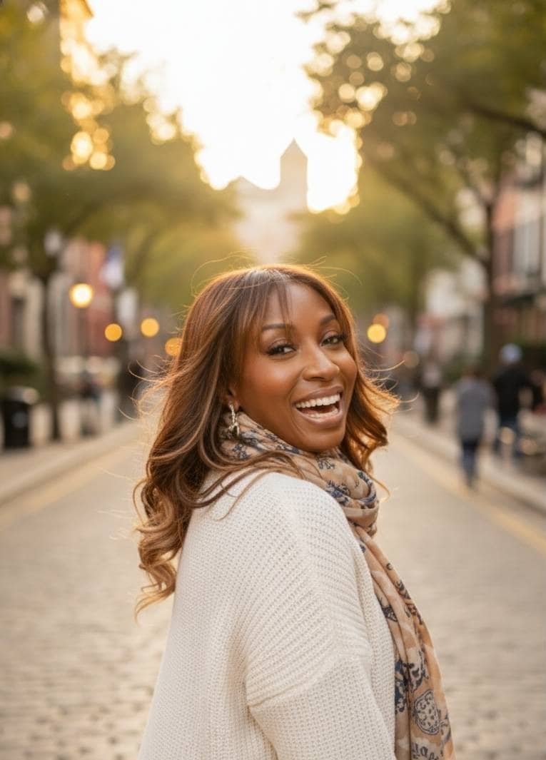 A Picture of the author standing outside in the middle of the street with a smile