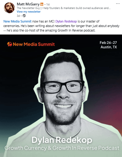 screenshot of a linkedin post by Matt McGarry announcing that Dylan Redekop is the MC for the 2026 New Media Summit in February.