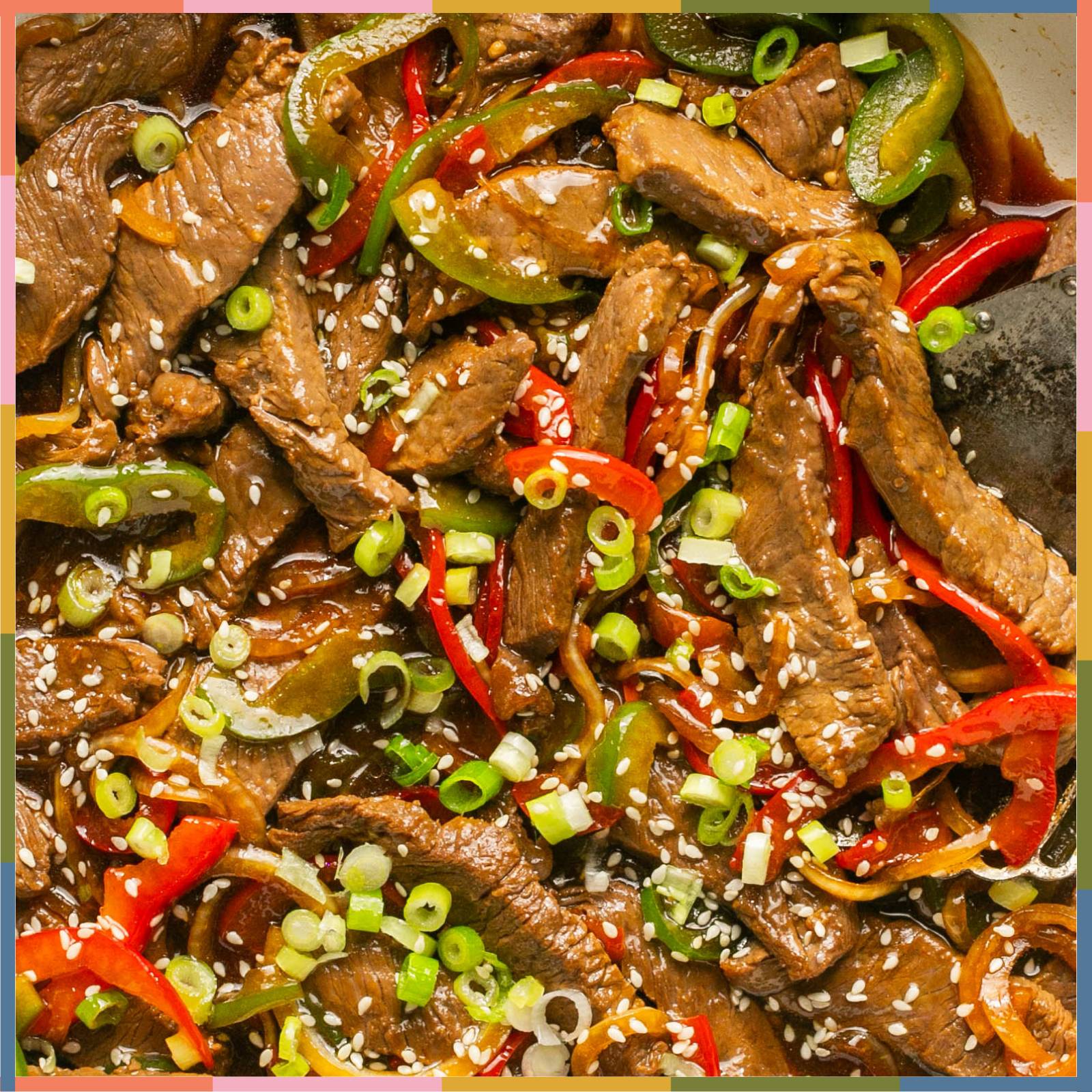 pepper steak stir fry in skillet 