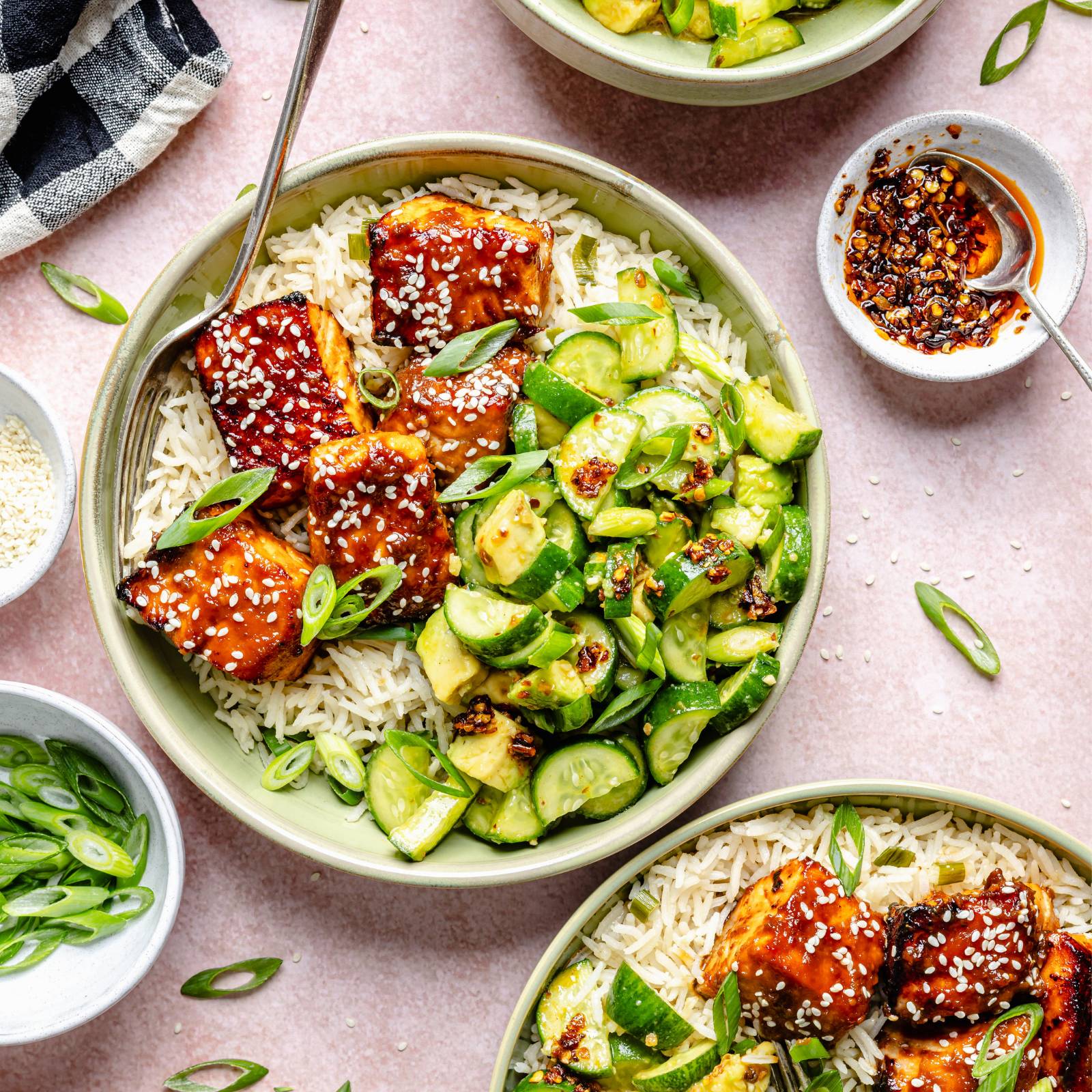 miso salmon with cucumber avocado salad