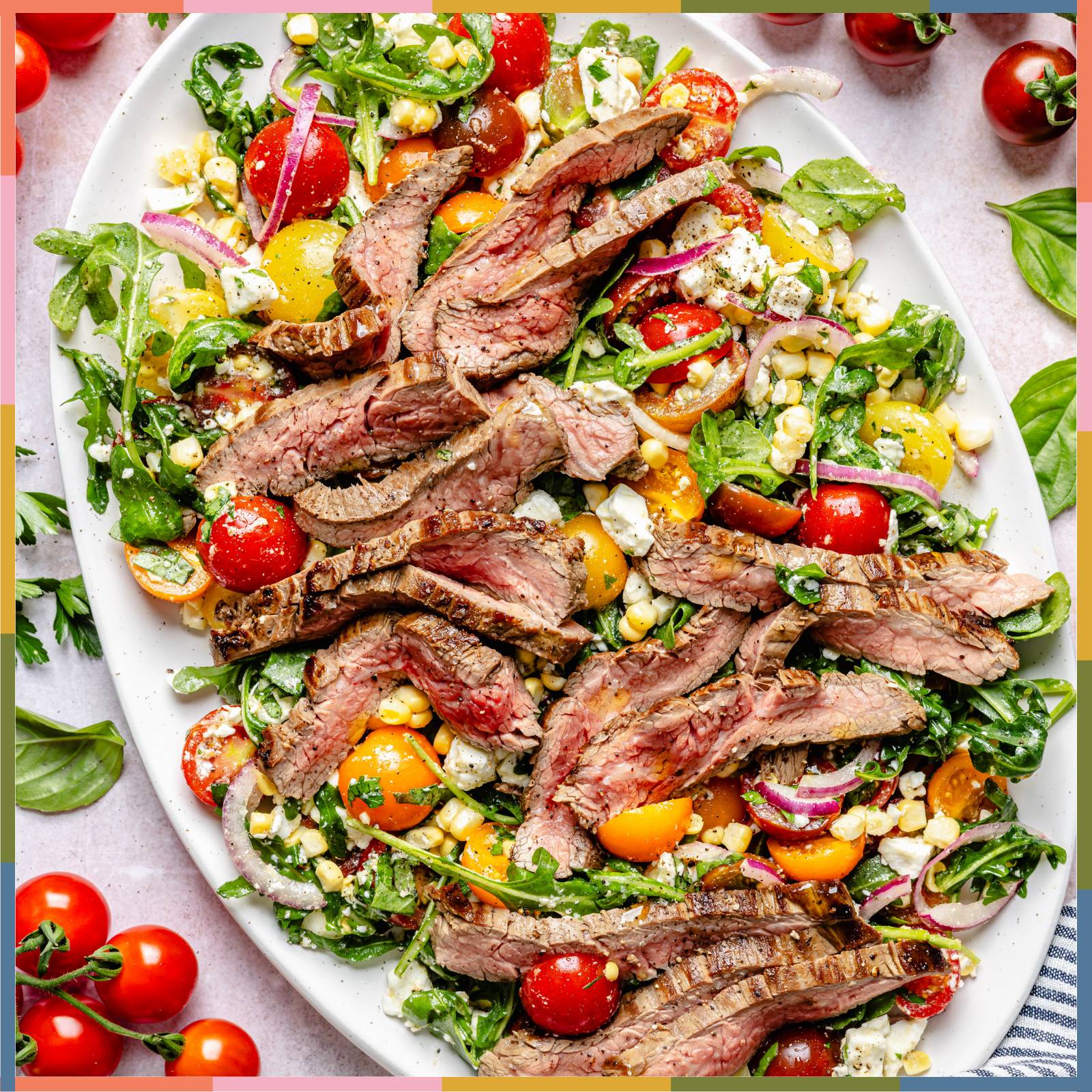 steak with herby tomato corn salad