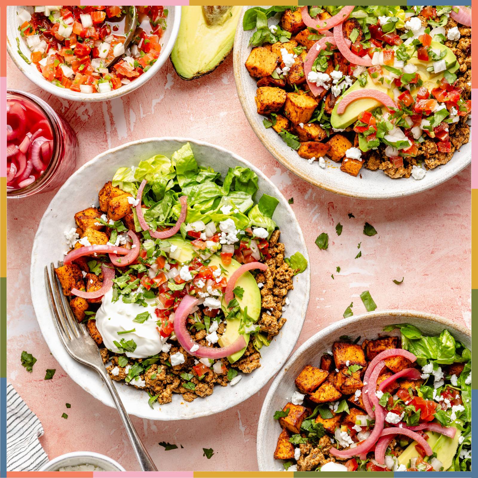 ground turkey burrito bowls with chipotle roasted sweet potatoes