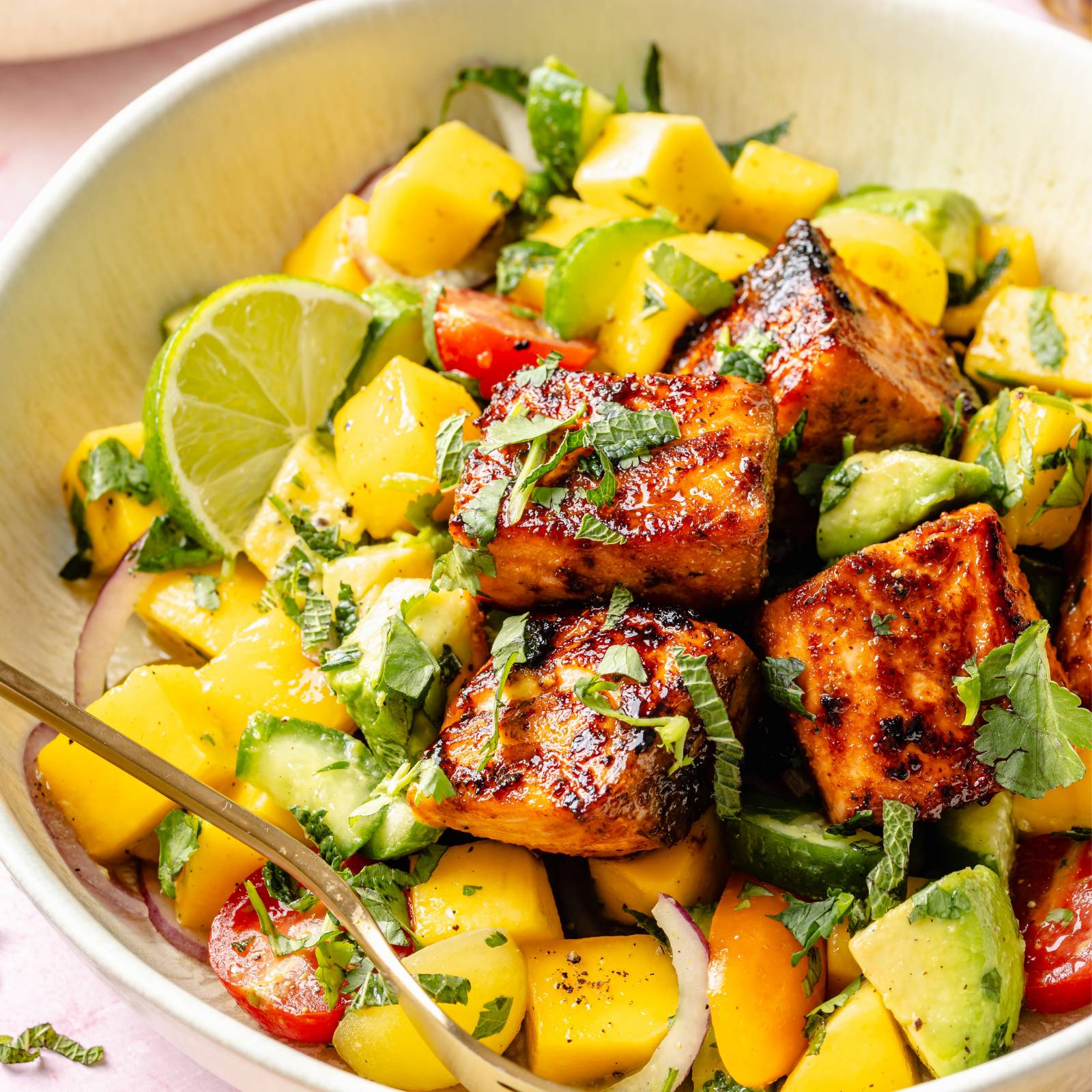bbq salmon with mango cucumber salad