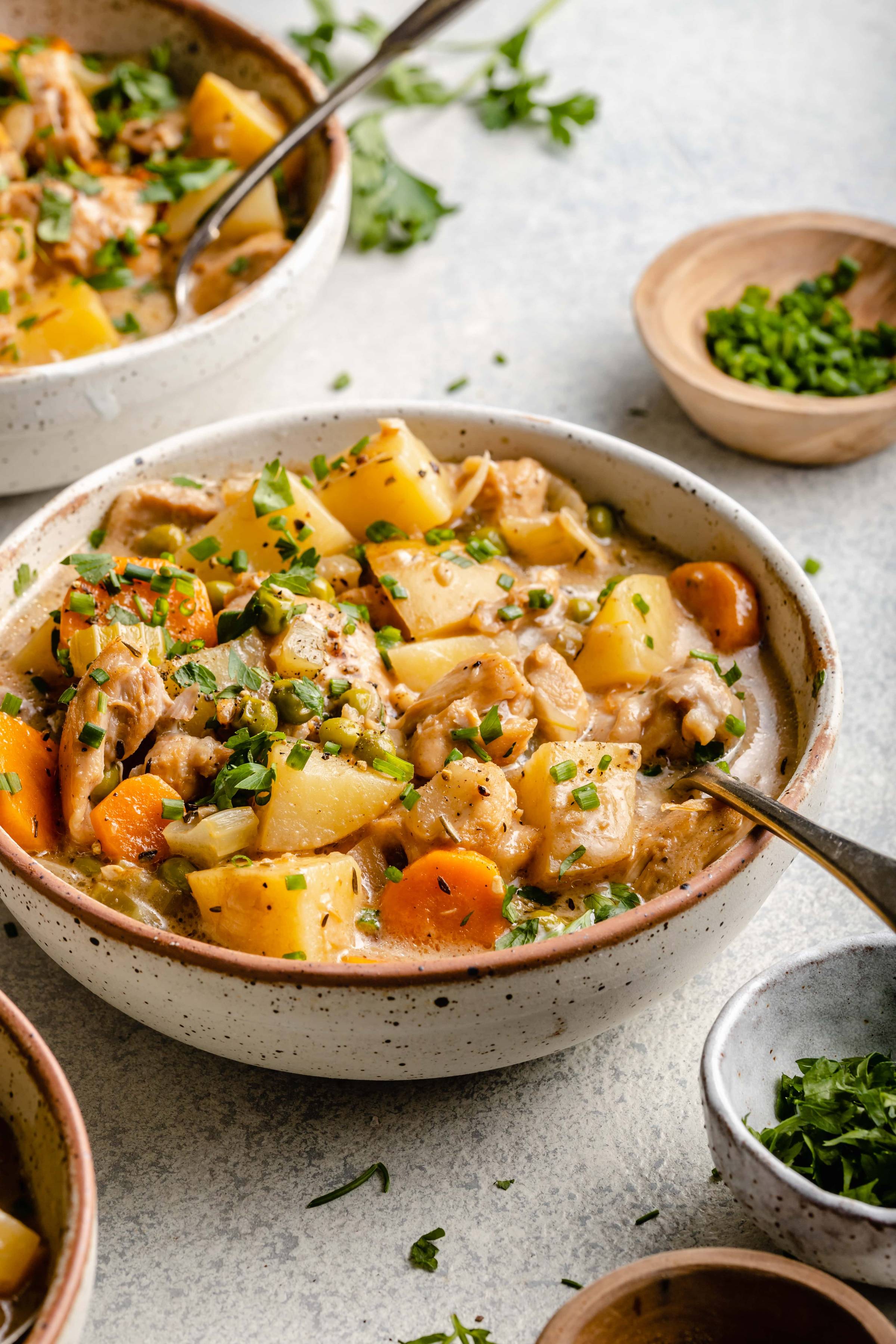 chicken stew in bowl with spoon