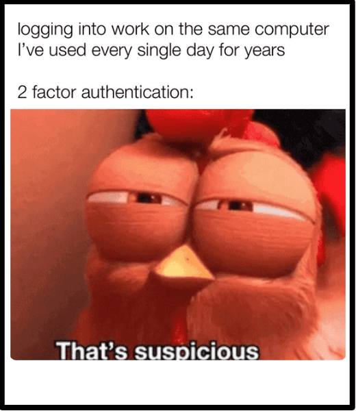 Meme: Logging into work on the same computer I've used every single day for years. 2 factor authentication:" below, two birds squinting suspiciously with the caption "That's suspicious.