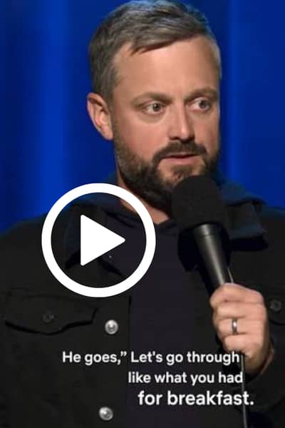 Comedian Nate Bargatze on stage, with on-screen text: 'He goes, Let's go through like what you had for breakfast.'