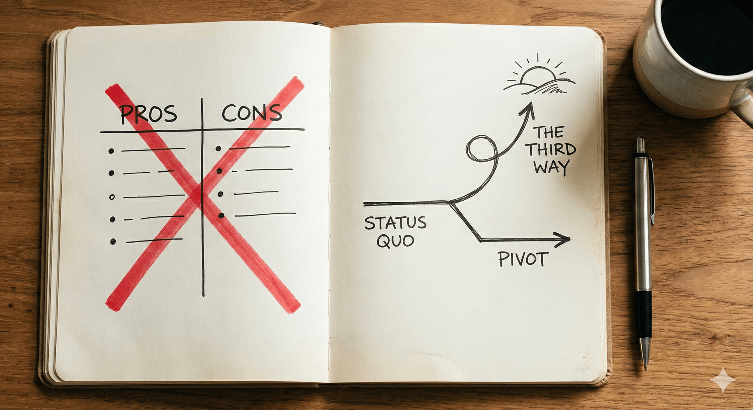 Journal with Pro-Con list marked out and a third way scribbled in. Nano Banana.