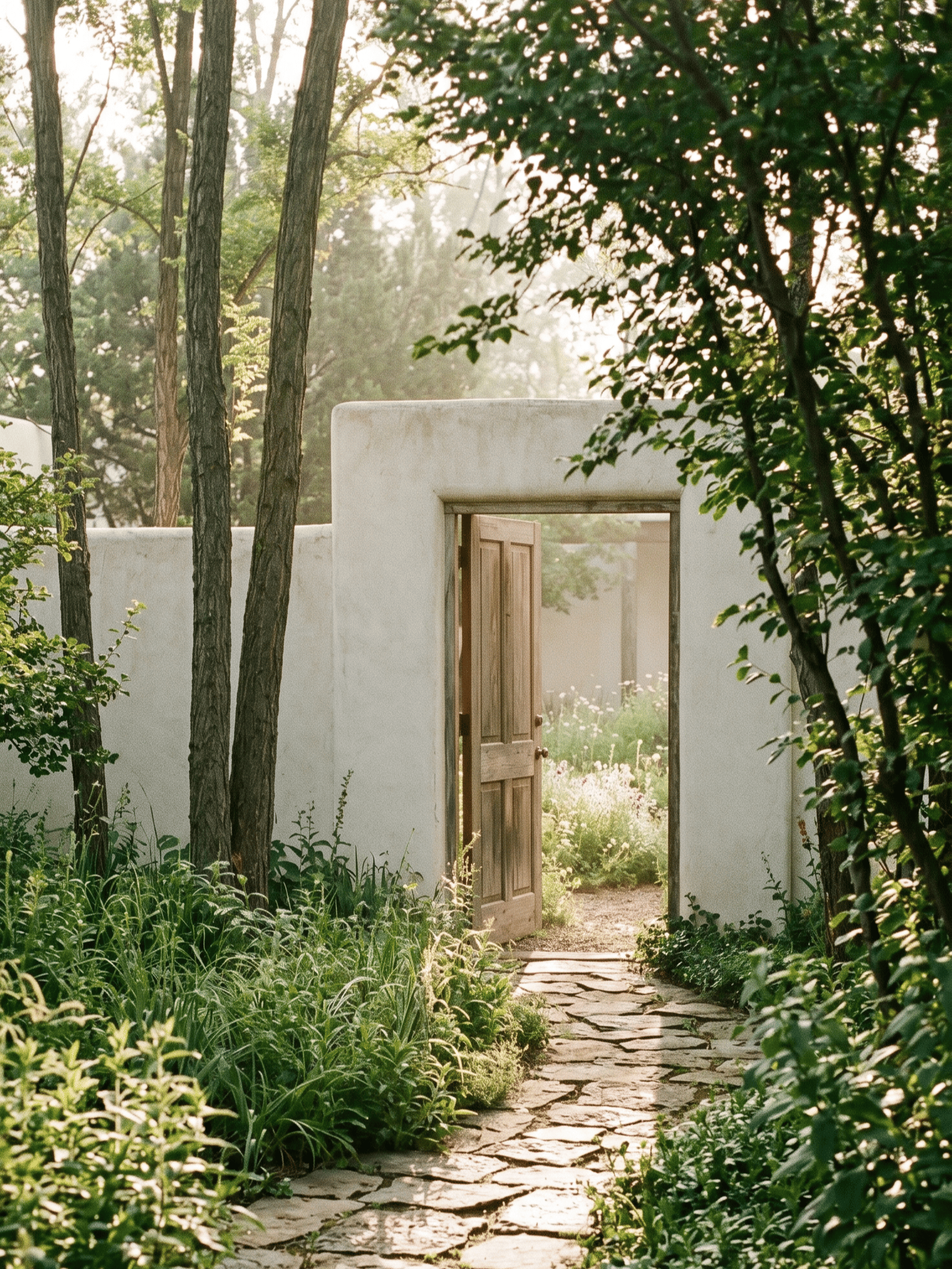 Garden view with open door and path