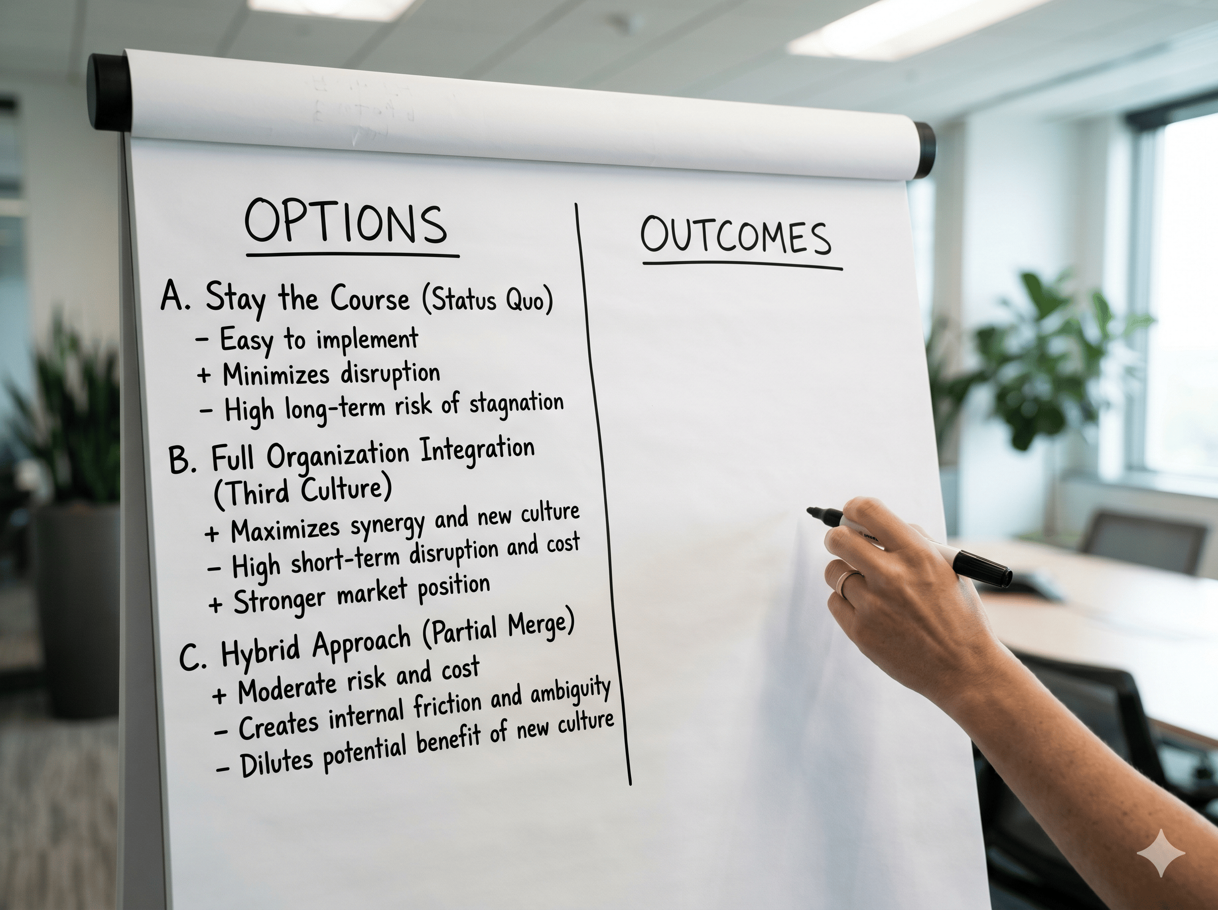 options and outcomes on a whiteboard - Gemini