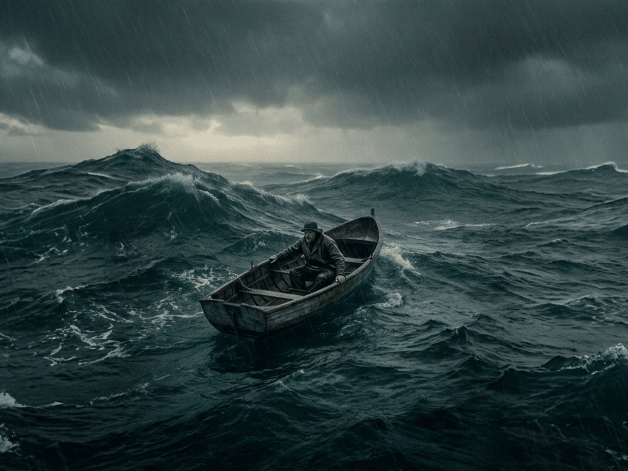 Man in a boat in rocky water