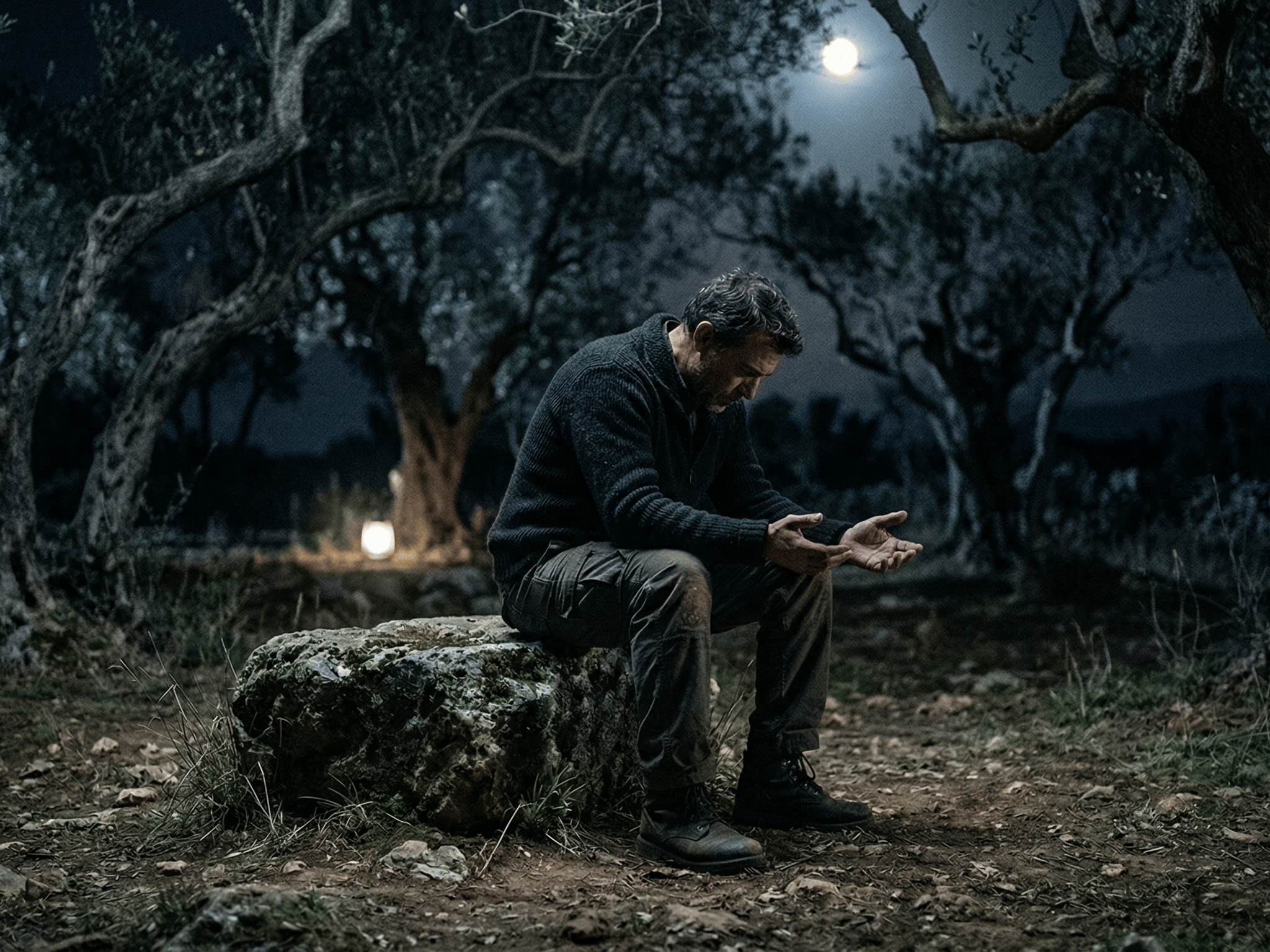 Man in an olive grove. open handed contemplation. 