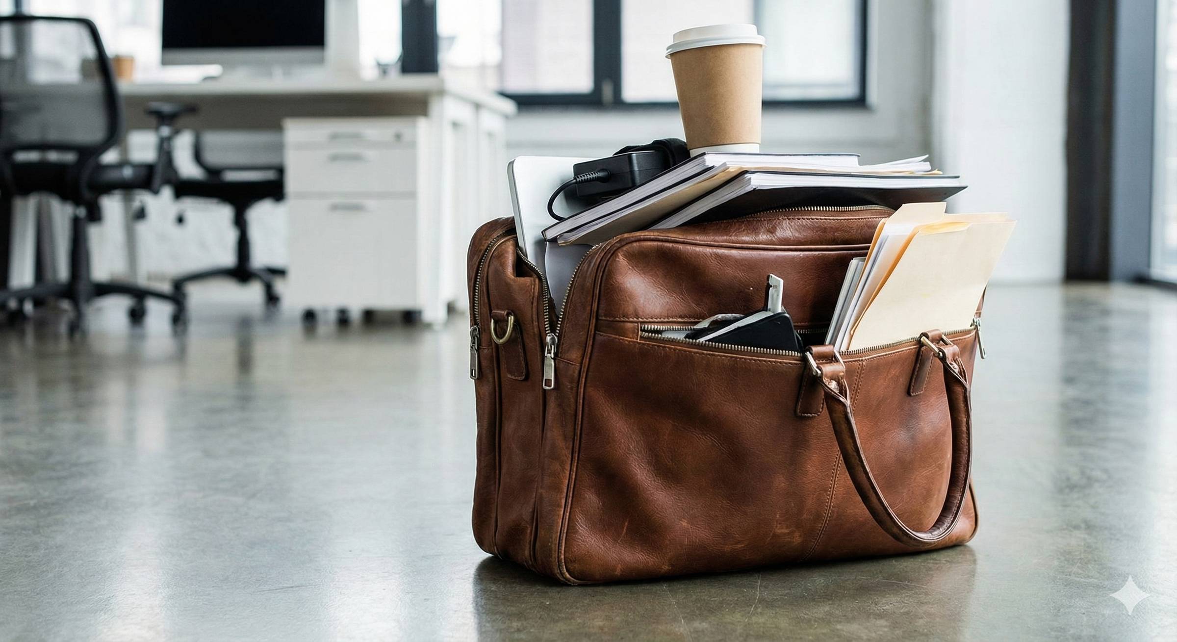 Overstuffed briefcase in a clean office setting. Nano Banana.