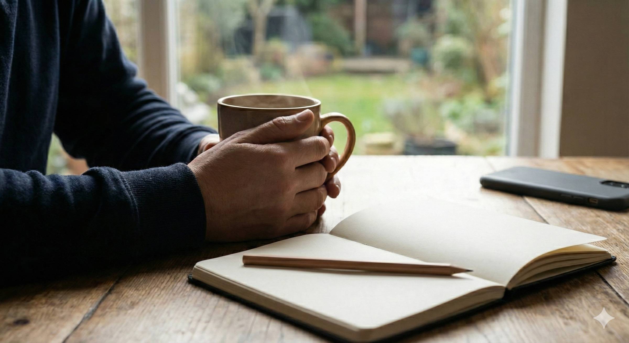 Coffee and an empty journal. phone on silent off-screen. Generated with Nano Banana.