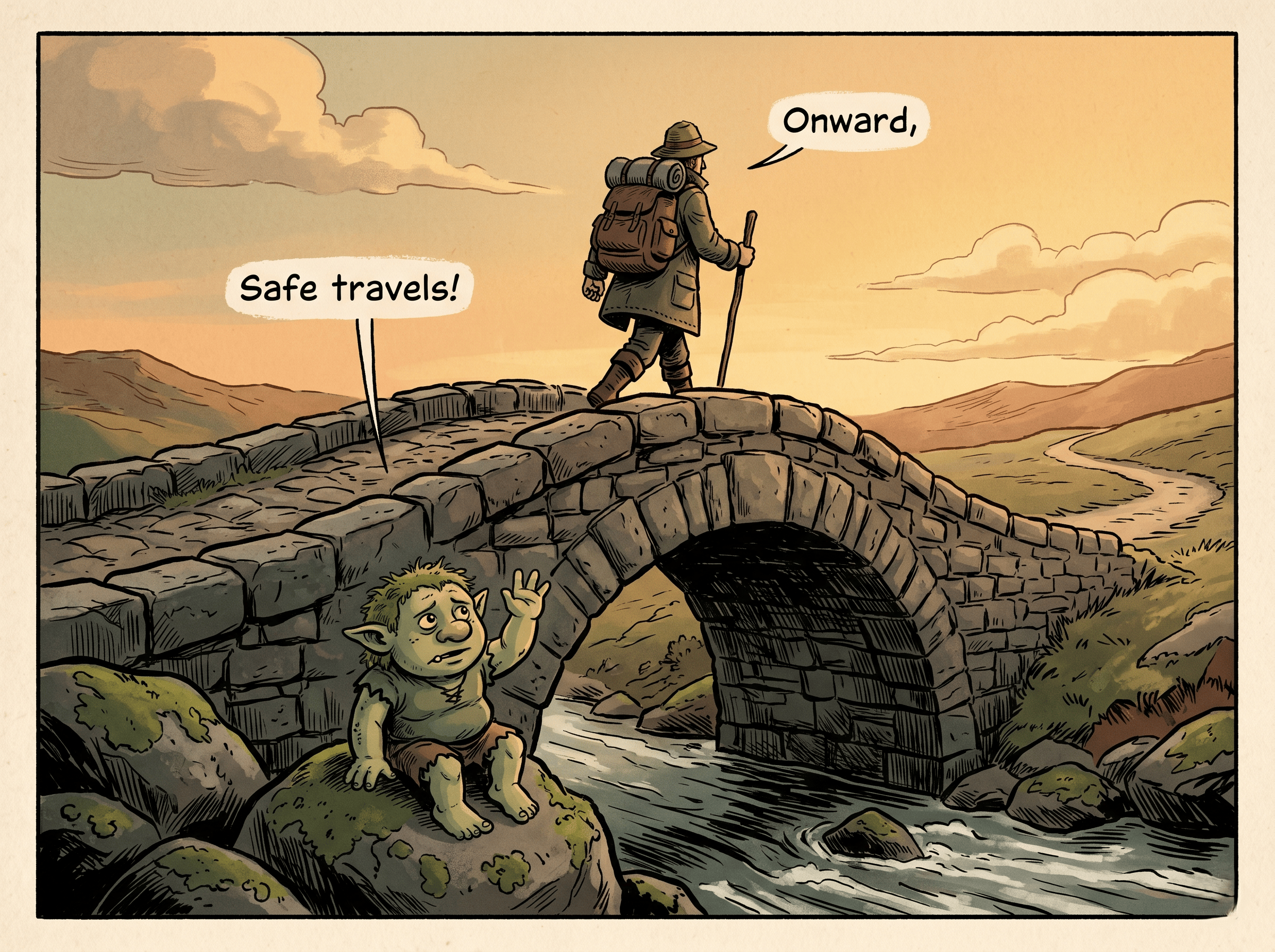 man walking over bridge. tiny troll waving bye. gemini nano banana.