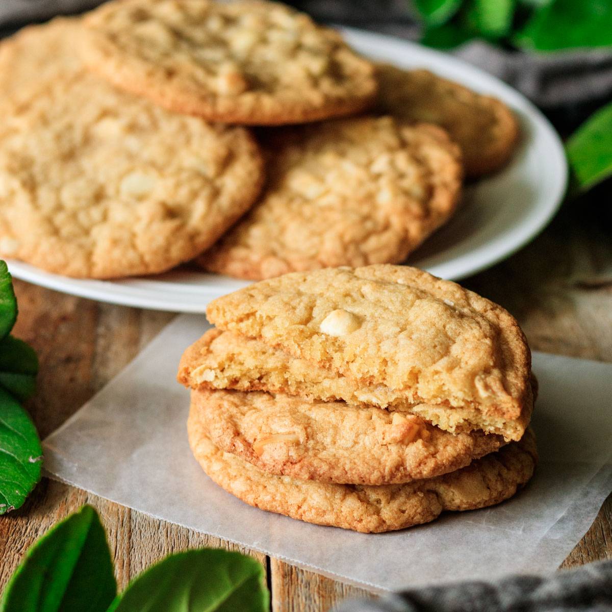 stack of Subway white chocolate macadamia cookies.