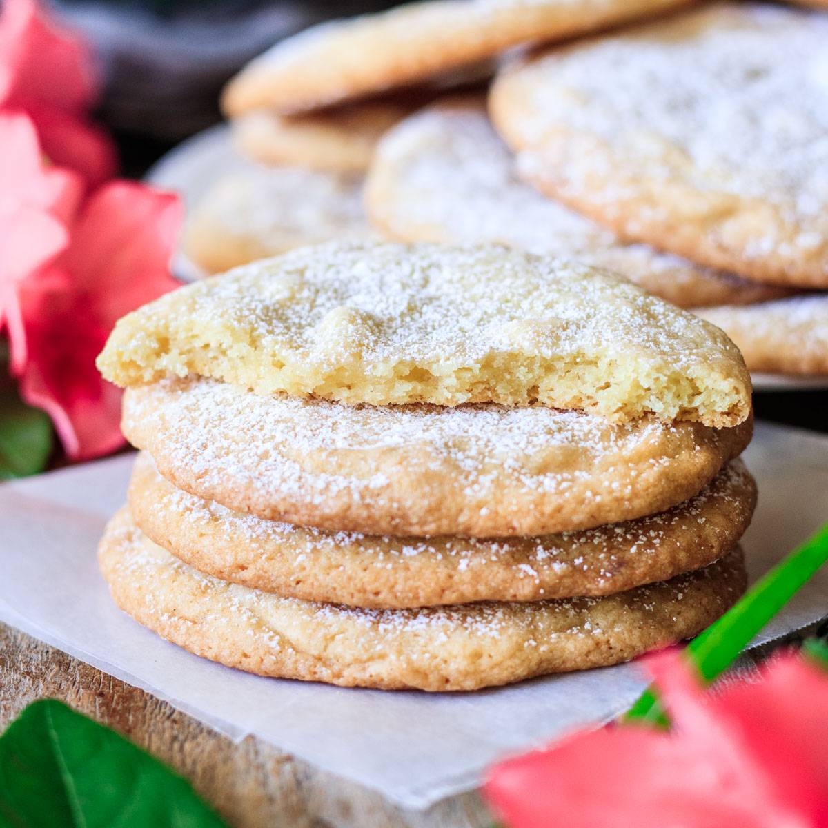 stack of Panera lemon drop cookies on wax paper.