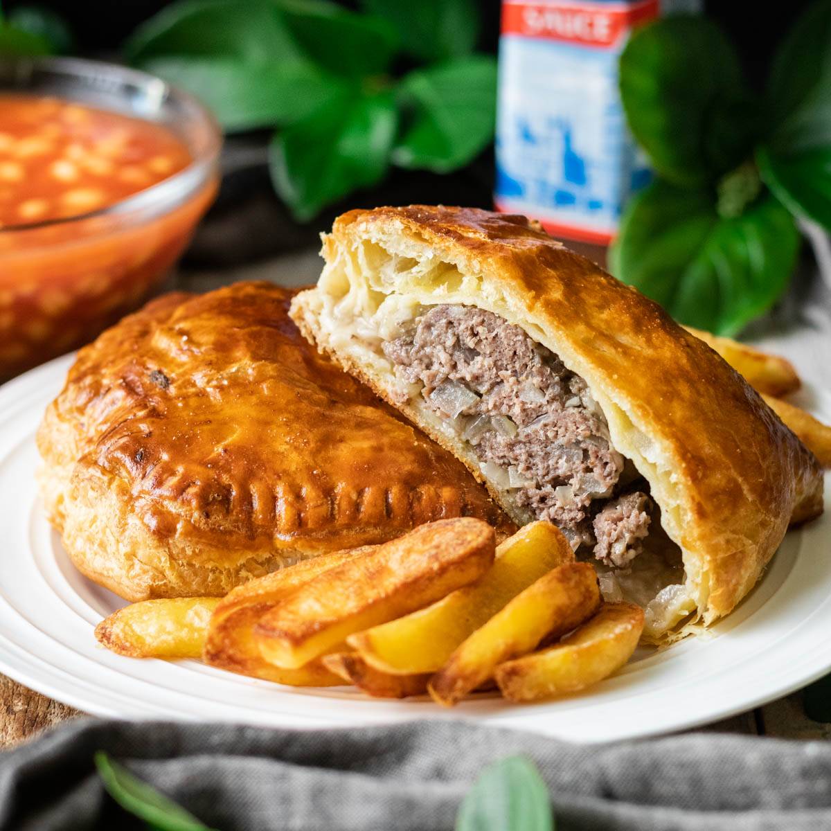 two Forfar bridies on a white plate with coarse-cut chips.
