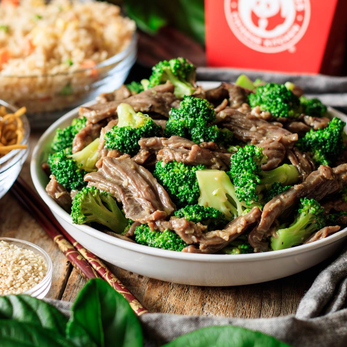 white bowl of Panda Express broccoli beef.