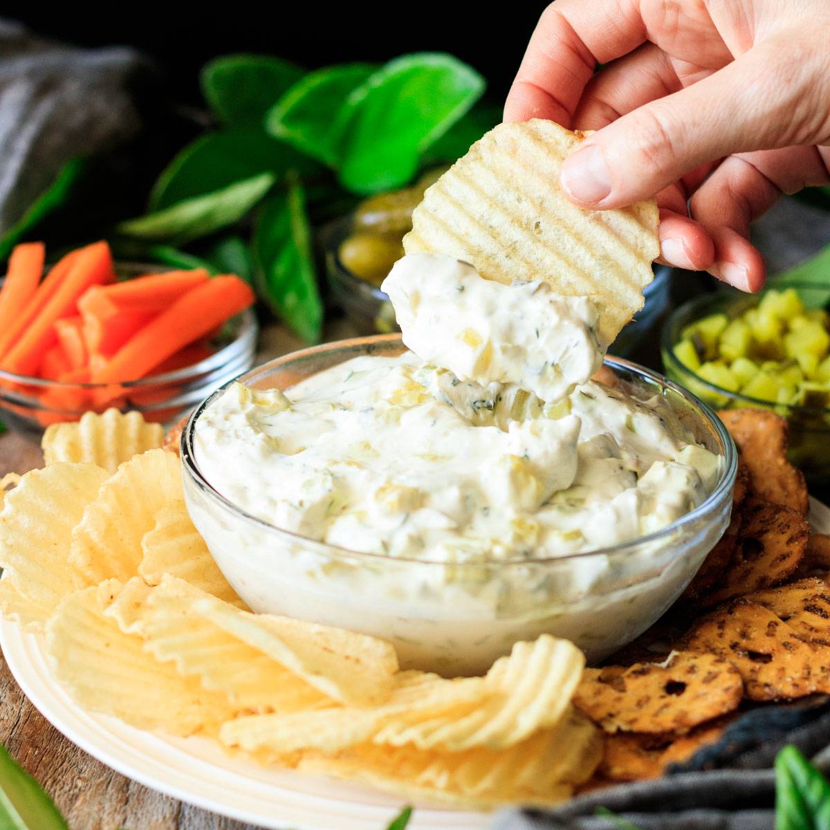 dipping a wavy potato chip into dill pickle dip.