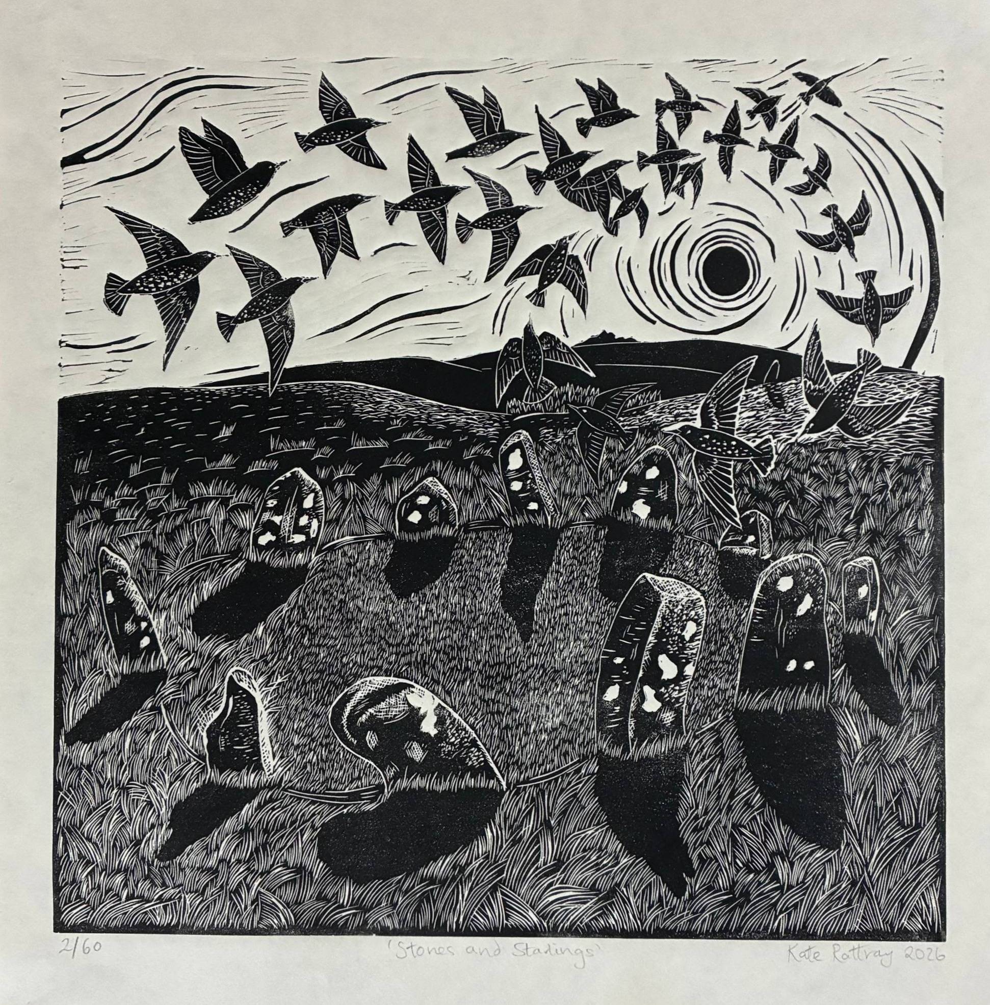 White Moor stone circle lino cut print