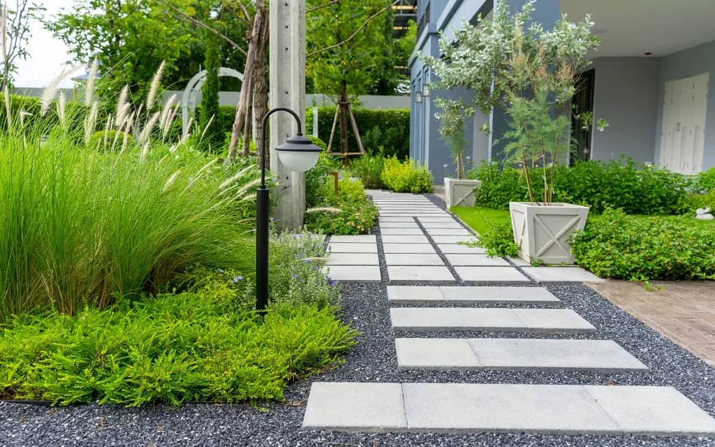 Modern flower garden with tall green grass