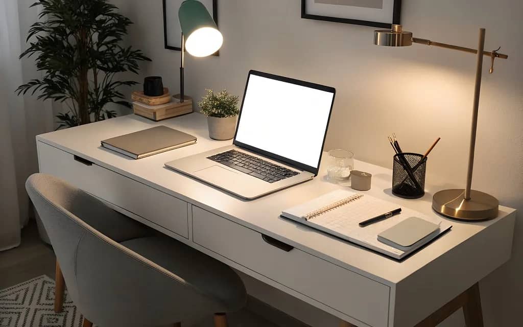 Small modern home office desk with task lighting and house plant