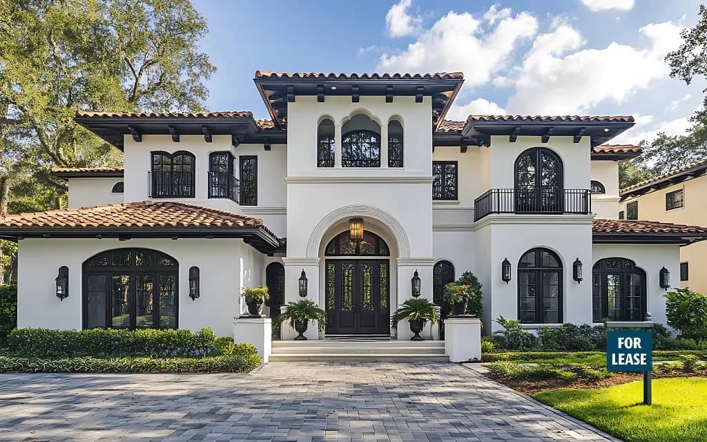 Large vacant luxury Mediterranean home with green For Lease sign on front lawn