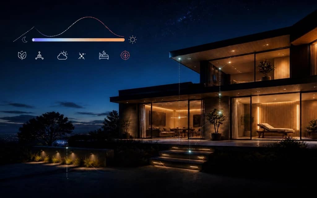 Illustration of a modern hillside home at night under a starry sky, with warm interior lighting, low-level path and step lights, and a daylight-to-night gradient bar. Image generated with Canva AI.