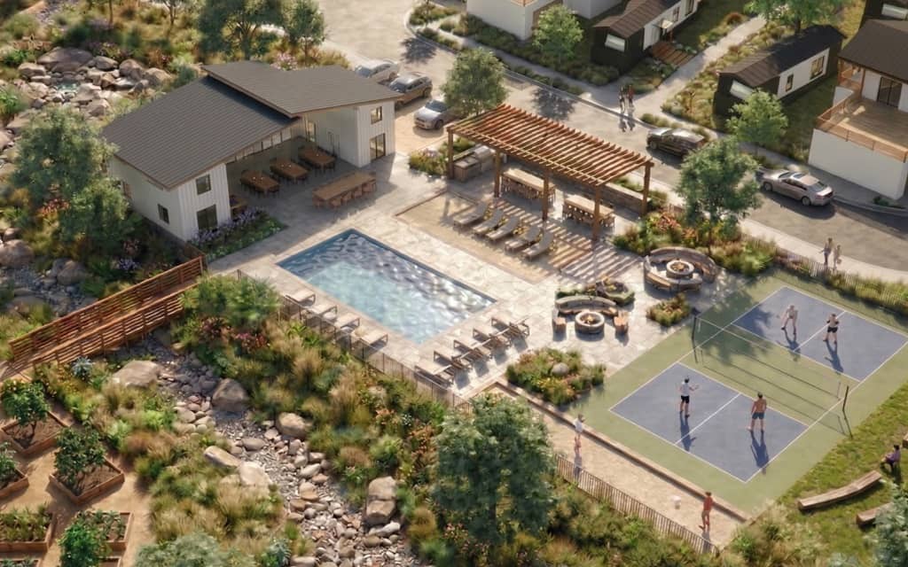 A digital rendering conveying landscaping features that can enhance a community by Homeplex and Michael Bernier. Image courtesy of Homeplex and Michael Bernier Design