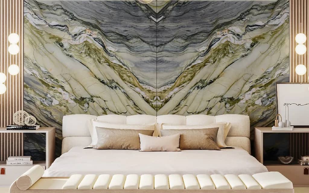 Decolores Fusion quartzite bedroom bookmatched wall cladding