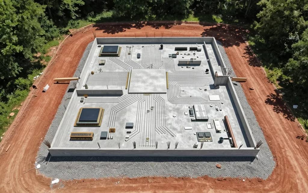 AI image of a hybrid home foundation: part cements, part computer motherboard/circuit board