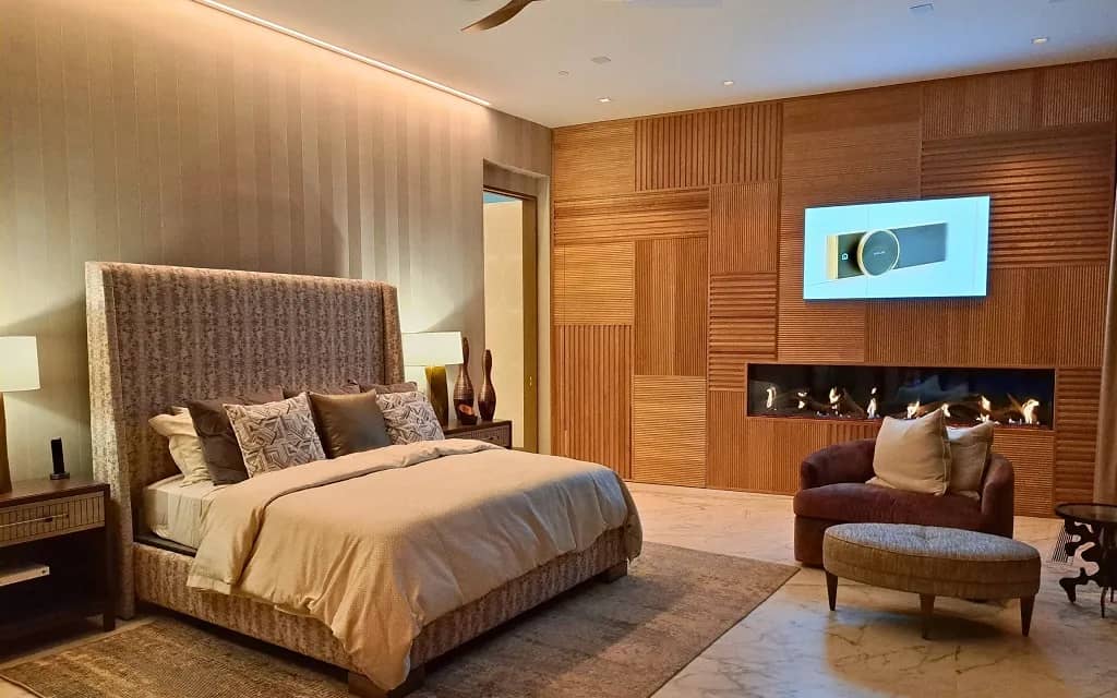 The master bedroom suite of the 2025 New American Home, designed and built by architect Dan Coletti of Sun West Custom Homes. Interior spaces were designed by Interior Designer Stephanie Osborn.
