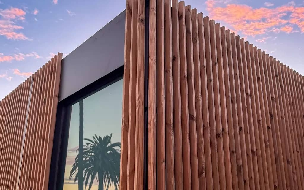Close up view of cladding of front entrance to Sue Labella's home in Pacific Palisades. Photo by Vishal Mane, from Cover