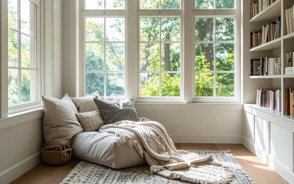 Cozy reading nook with daylight, textures and biophilic imagery.