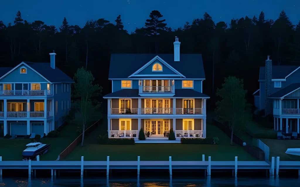 Illustration of a lakefront house running on backup power at night