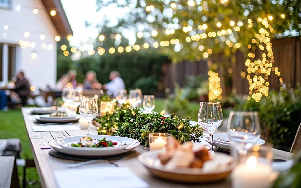 Summer backyard dinner party with lighting at dusk
